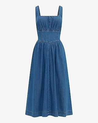 Denim Basque Waist Smocked Back Midi Dress with Pockets