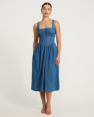 Denim Basque Waist Smocked Back Midi Dress with Pockets