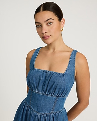 Denim Basque Waist Smocked Back Midi Dress with Pockets