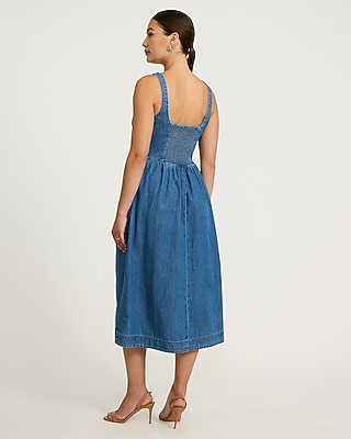 Denim Basque Waist Smocked Back Midi Dress with Pockets