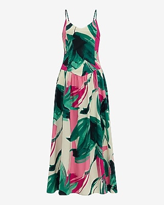 Poplin Printed V-Neck Drop Waist Midi Fit and Flare Dress with Pockets