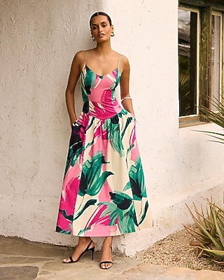 Poplin Printed V-Neck Drop Waist Midi Fit and Flare Dress with Pockets