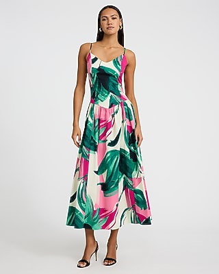 Poplin Printed V-Neck Drop Waist Midi Fit and Flare Dress with Pockets