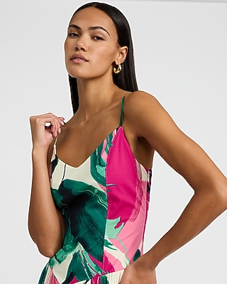 Poplin Printed V-Neck Drop Waist Midi Fit and Flare Dress with Pockets