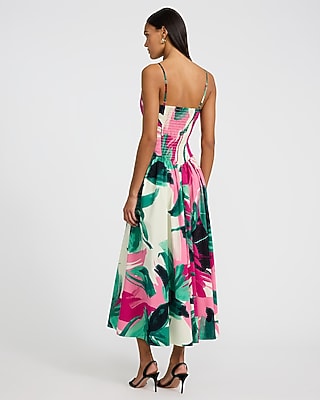 Poplin Printed V-Neck Drop Waist Midi Fit and Flare Dress with Pockets