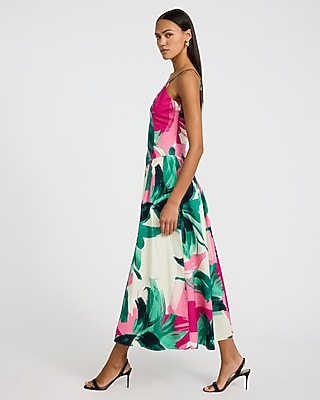 Poplin Printed V-Neck Drop Waist Midi Fit and Flare Dress with Pockets
