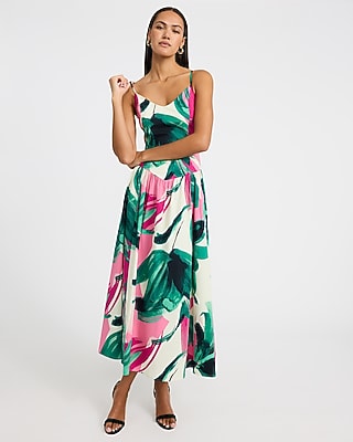 Poplin Printed V-Neck Drop Waist Midi Fit and Flare Dress with Pockets