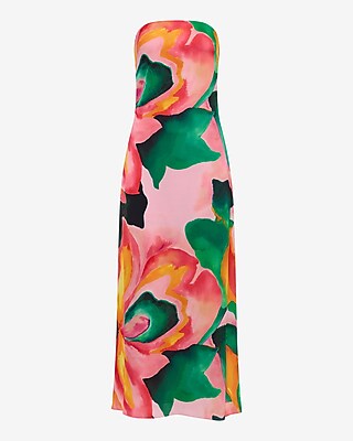 Satin Floral Strapless Maxi Sheath Dress with Pockets