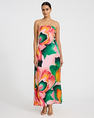 Satin Floral Strapless Maxi Sheath Dress with Pockets