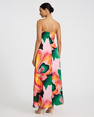 Satin Floral Strapless Maxi Sheath Dress with Pockets