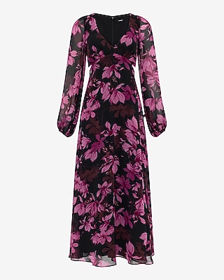 Floral Chiffon V-Neck Long Sleeve Cutout Maxi Dress