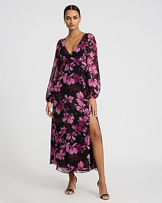 Floral Chiffon V-Neck Long Sleeve Cutout Maxi Dress