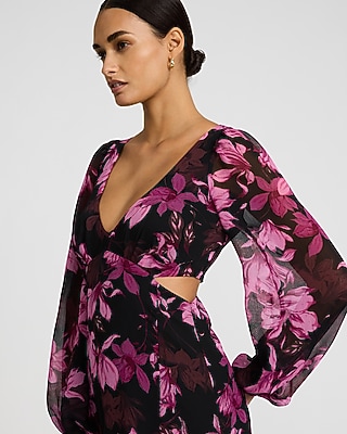 Floral Chiffon V-Neck Long Sleeve Cutout Maxi Dress