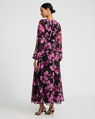Floral Chiffon V-Neck Long Sleeve Cutout Maxi Dress