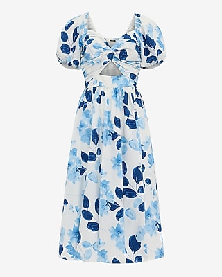 Cotton Poplin Puff Sleeve Twist Front Cutout Midi Dress