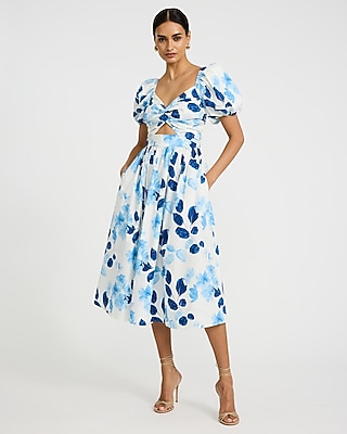 Cotton Poplin Puff Sleeve Twist Front Cutout Midi Dress with Pockets