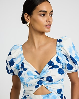 Cotton Poplin Puff Sleeve Twist Front Cutout Midi Dress with Pockets