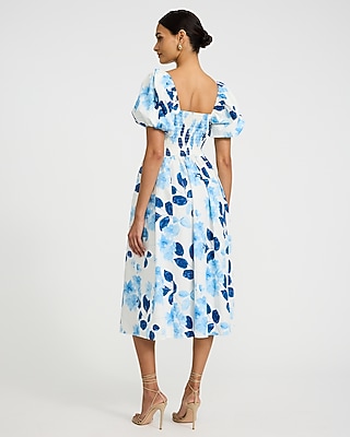 Cotton Poplin Puff Sleeve Twist Front Cutout Midi Dress with Pockets