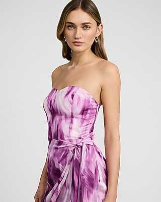 Satin Printed Strapless Wrap Tie Midi Sheath Dress - image 2