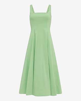 Square Neck Seamed Smocked Back Midi Dress with Pockets