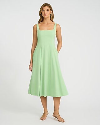 Square Neck Seamed Smocked Back Midi Dress with Pockets
