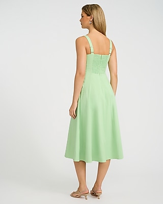 Square Neck Seamed Smocked Back Midi Dress with Pockets
