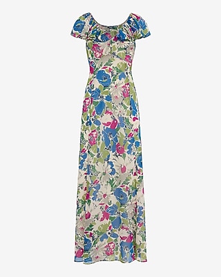 Floral Chiffon V-Neck Flutter Sleeve Maxi Dress