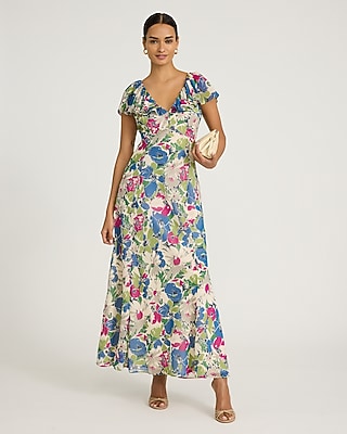 Floral Chiffon V-Neck Flutter Sleeve Maxi Dress