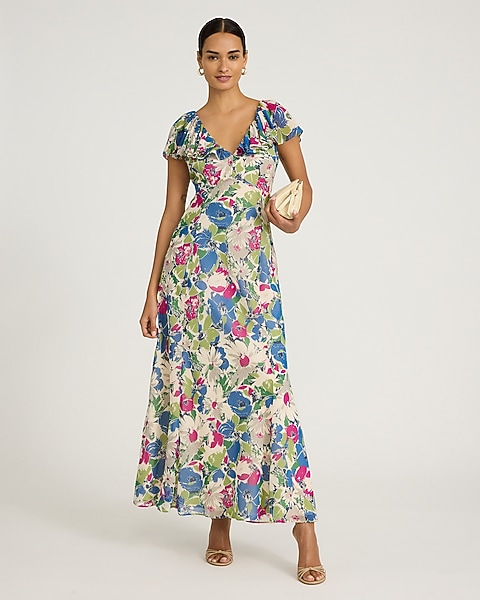 maxi dress chiffon floral Vintage Dress: Deep V-neck, Long Sleeve Gown Buy chiffon summer dresses online Rosalie Floral Chiffon Maxi Dress