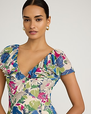 Floral Chiffon V-Neck Flutter Sleeve Maxi Dress