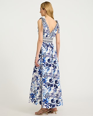 Cotton Poplin Printed Tie Strap Smocked Waist Maxi Dress with Pockets - image 3