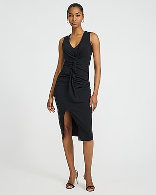 Ribbed Knit Cap Sleeve Ruched Midi Sheath Dress | Express