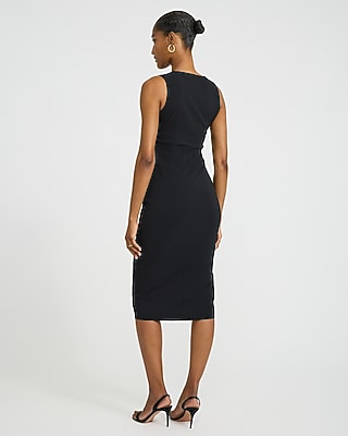 twist front ruched dress Express Women's Stretch Poplin V-Neck Ruched Twist Front Midi Dress in Black Large