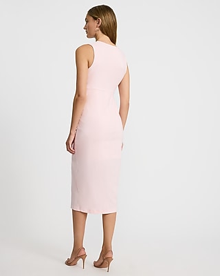 Stretch Poplin V-Neck Ruched Twist Front Midi Sheath Dress