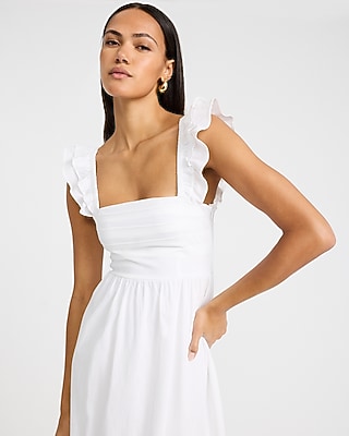 Poplin Square Neck Flutter Sleeve Lace-Up Back Midi Dress