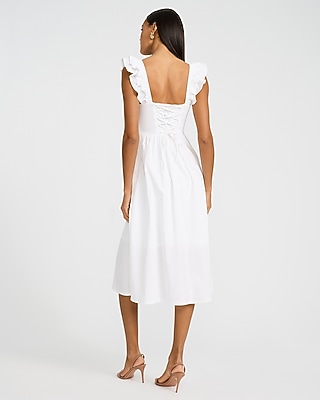 Poplin Square Neck Flutter Sleeve Lace-Up Back Midi Dress