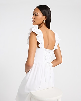 Poplin Square Neck Flutter Sleeve Lace-Up Back Midi Dress