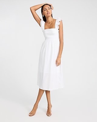 Poplin Square Neck Flutter Sleeve Lace-Up Back Midi Dress