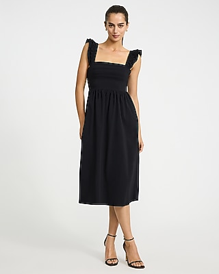 Poplin Square Neck Flutter Sleeve Lace-up Back Midi Dress | Express