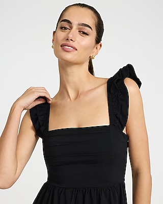 Poplin Square Neck Flutter Sleeve Lace-up Back Midi Dress | Express