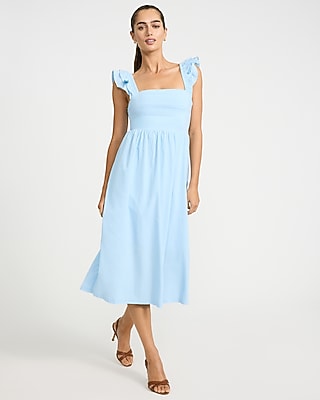 Poplin Square Neck Flutter Sleeve Lace-up Back Midi Dress | Express