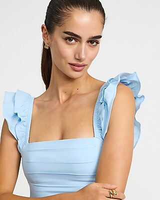 Poplin Square Neck Flutter Sleeve Lace-Up Back Midi Dress - thumbnail 2