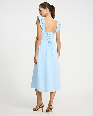 Poplin Square Neck Flutter Sleeve Lace-Up Back Midi Dress - thumbnail 3