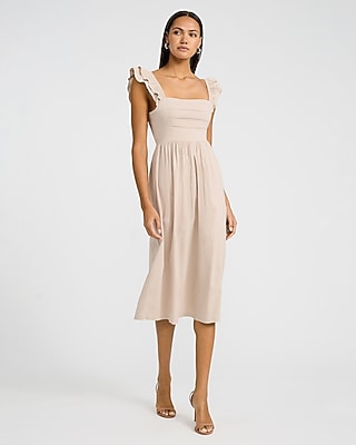 Poplin Square Neck Flutter Sleeve Lace-up Back Midi Dress | Express