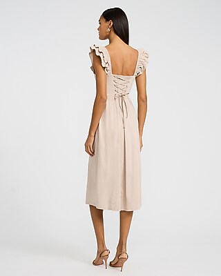 Poplin Square Neck Flutter Sleeve Lace-Up Back Midi Dress - thumbnail 9