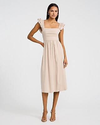 Poplin Square Neck Flutter Sleeve Lace-Up Back Midi Dress - thumbnail 10
