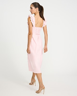 Poplin Square Neck Flutter Sleeve Lace-Up Back Midi Dress - image 3