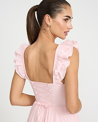 Poplin Square Neck Flutter Sleeve Lace-Up Back Midi Dress - image 4