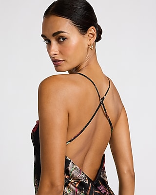 Floral Satin Cowl Neck Low Back Midi Slip Dress