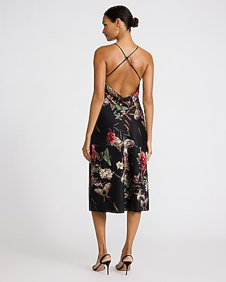 Floral Satin Cowl Neck Low Back Midi Slip Dress
